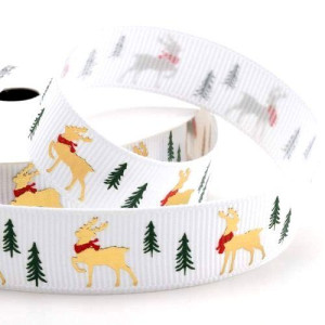 15mm Gold Foil Reindeer White Christmas Ribbon - 5m Roll