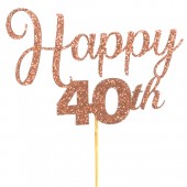 Rose Gold Glitter Happy 40th Cake Topper - Card