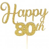 Gold Glitter 80th Happy Birthday Cake Topper - Card