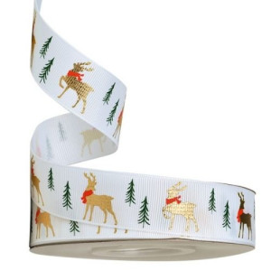 Gold Foil Reindeer White Christmas Ribbon 25mm