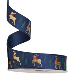 Gold Foil Reindeer Navy Christmas Ribbon 25mm