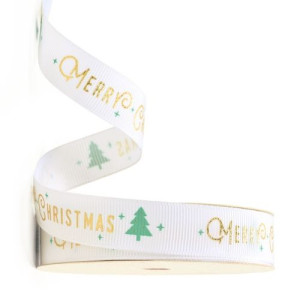 15mm White with Gold Merry Christmas Ribbon 