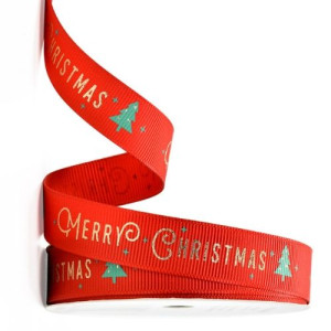 15mm Red with Gold Merry Christmas & Trees Ribbon 