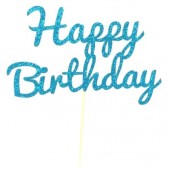 Blue Glitter Happy Birthday Cake Topper - Card