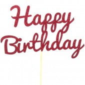 Red Glitter Happy Birthday Cake Topper - Card