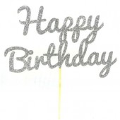 Silver Glitter Happy Birthday Cake Topper - Card