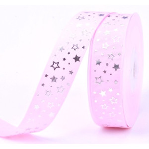 25mm Baby Pink Silver Star Ribbon