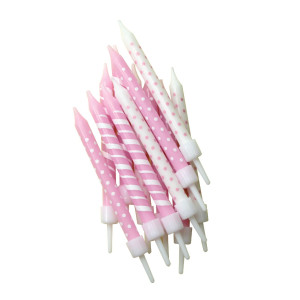 Pink Candy Stripe & Polka Dot Candles Pk/12