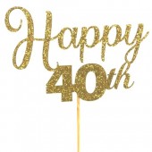 Gold Glitter Happy 40th Cake Topper - Card