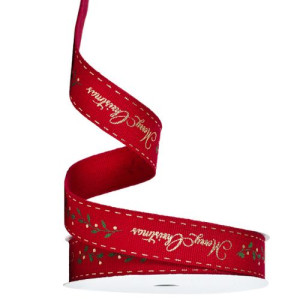 16mm Red with Gold Merry Christmas Font Ribbon 