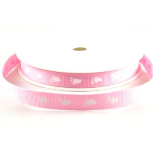 10mm Pink & White Baby Feet  Ribbon - 20m Roll 