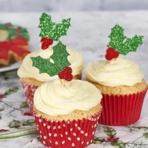 Glitter Holly Cupcake Toppers - Card Pk/12