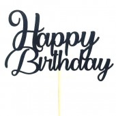 Black Glitter Swirl Happy Birthday Cake Topper - Card
