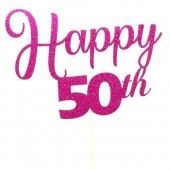 Fuchsia Glitter Happy 50th Cake Topper - Card
