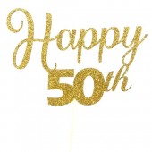 Gold Glitter Happy 50th Cake Topper - Card