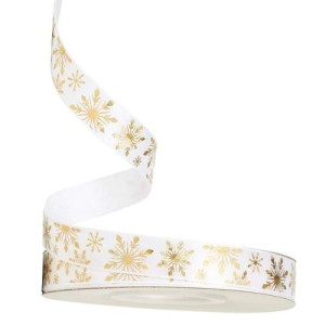 15mm White with Gold Foil Snowflakes Ribbon 