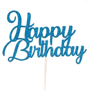 Blue Glitter Swirl Happy Birthday Cake Topper - Card