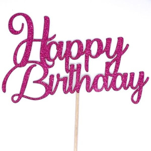 Fuchsia Glitter Swirl Happy Birthday Cake Topper - Card