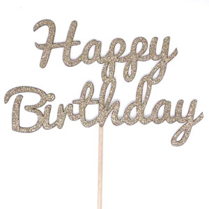 Light Gold Glitter Happy Birthday Cake Topper - Card