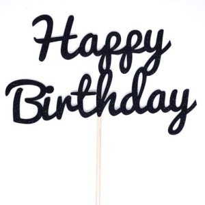 Black Glitter Happy Birthday Cake Topper - Card