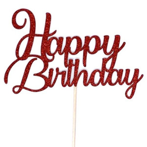 Red Glitter Swirl Happy Birthday Cake Topper - Card