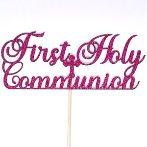 Fuchsia Glitter Card Cake Topper - First Holy Communion 